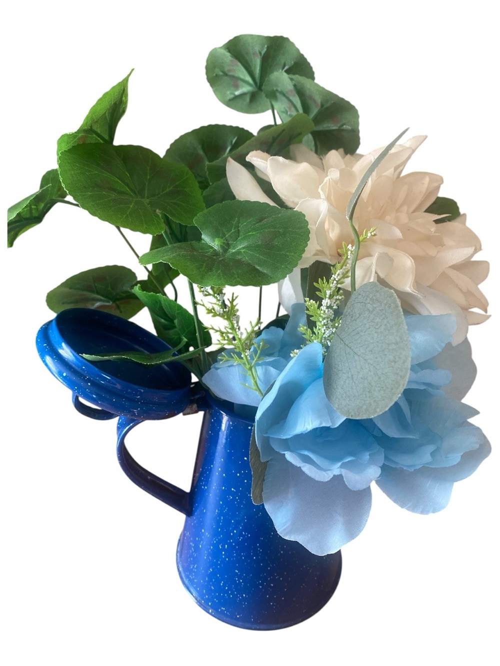 Blue Speckled Metal Pitcher Vase with Faux Floral Arrangement 8 inches